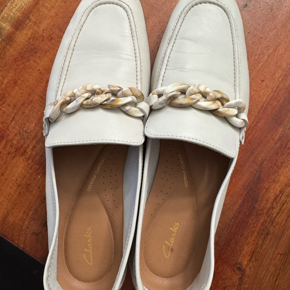 Clarks Women's Cream Loafers with Chain Accent